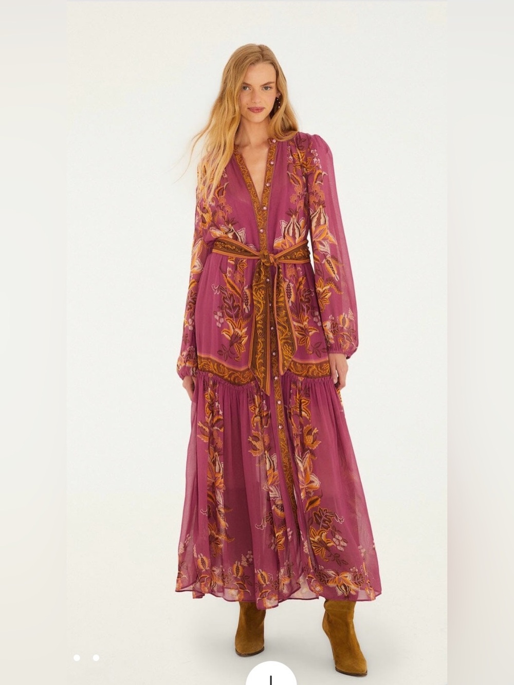 FARM Rio Plum Floral Embroidered Maxi Dress with Gold Accents